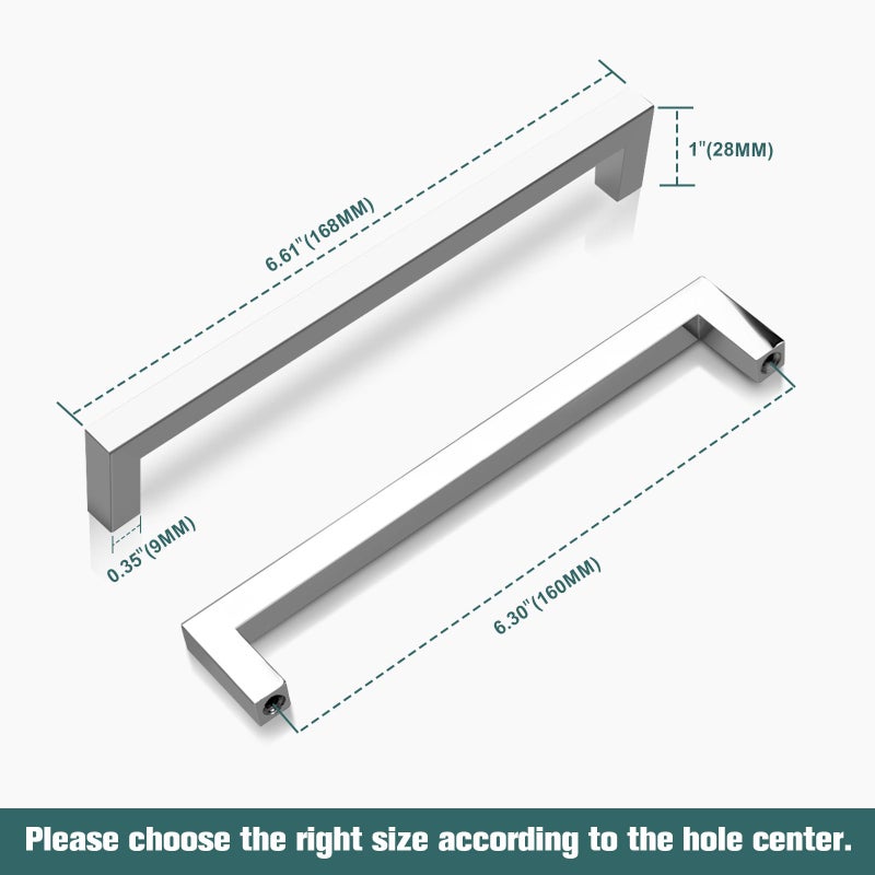 GOBEKOR 25 Pack Cabinet Handles 6-1/4 Inch Hole Centers Polished Chrome Square Solid Dresser Drawer Handles and Pulls for Cupboard - Image 2